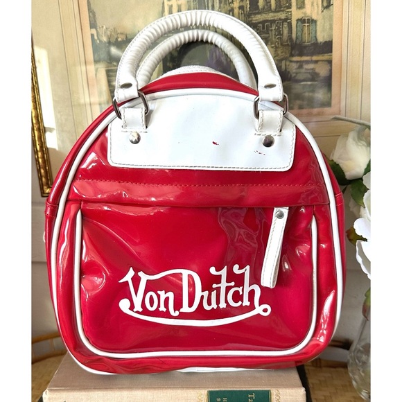 Von Dutch Vintage Y2K Red Patent Bowling Bag Purse White Trim - Picture 12 of 12